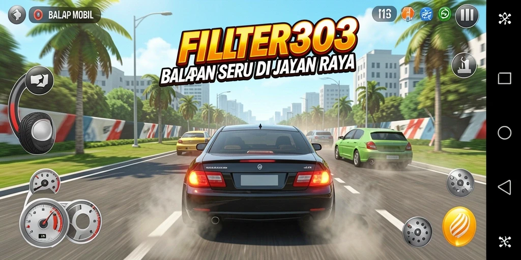 Antarmuka game FILTER303 dengan mobil balap di trek yang indah.